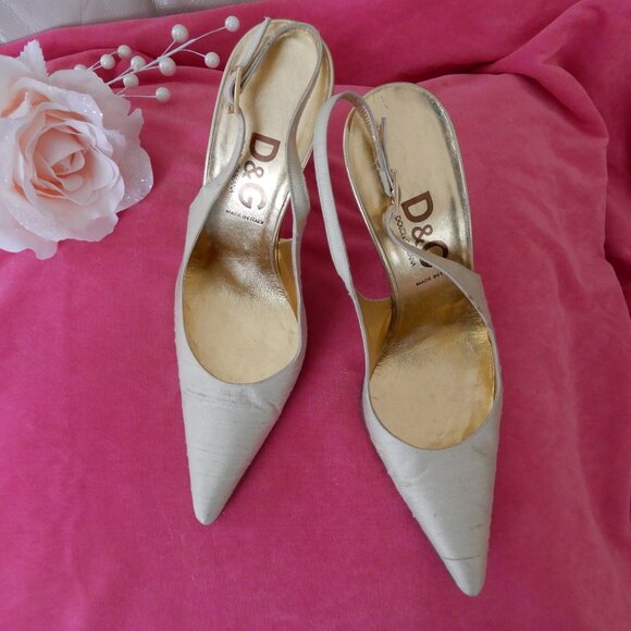 D&G Dolce & Gabbana Italy Cream Gold Silk Heels 37.5 US 7.5 - Picture 2 of 15